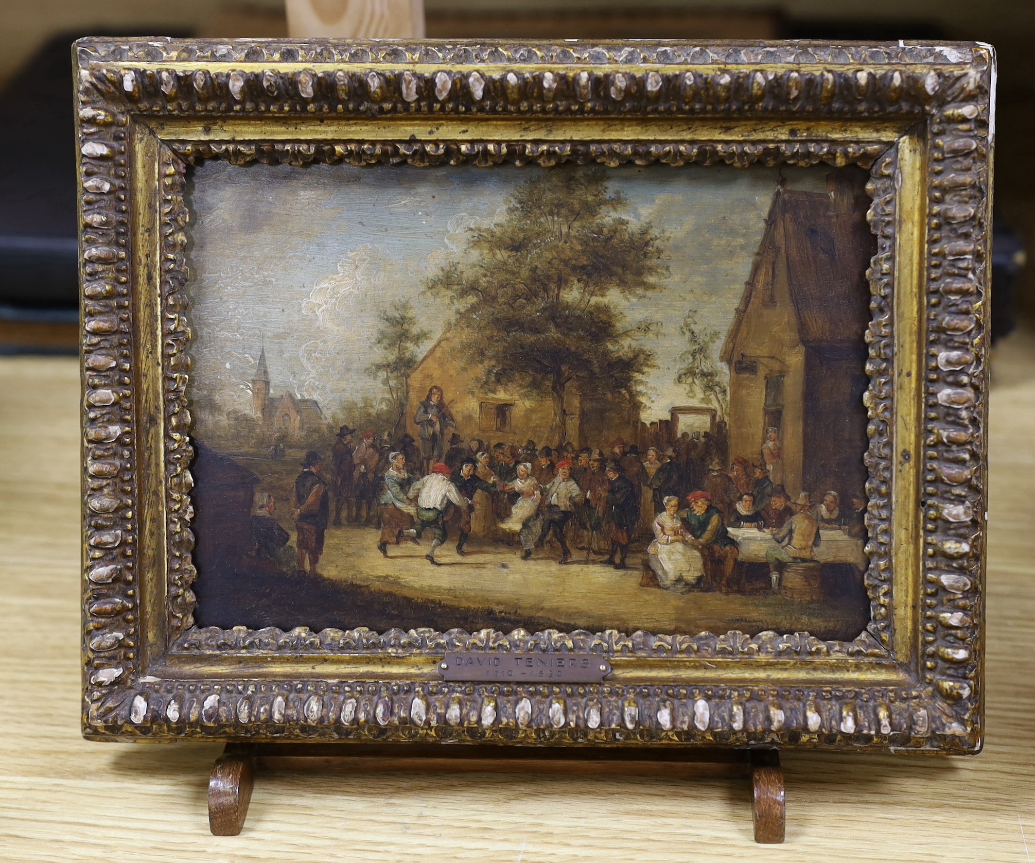 After David Teniers The Younger (1610-1690), oil on oak panel, Revellers beside a tavern, 14 x 20cm